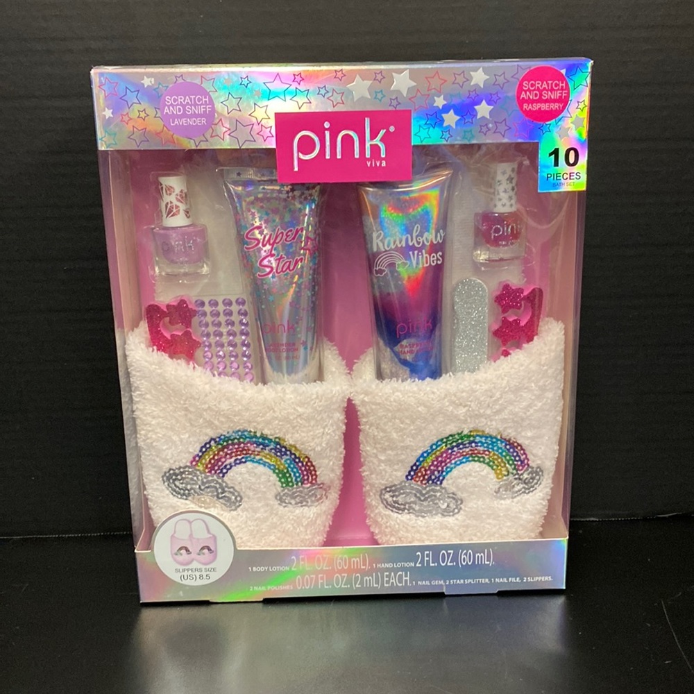 Pink Viva 10 piece bath set with slippers and mani pedi supplies